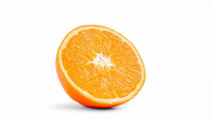 Cut in half and slice a ripe orange fruit with golden yellow peel. Isolated on white background...
