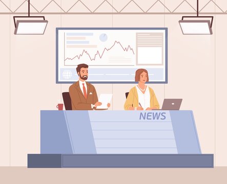 Scene with anchorman and anchorwoman reporting latest business news in TV studio. Announcers working in newsroom. Colored flat cartoon vector illustration of newscasters isolated on white background