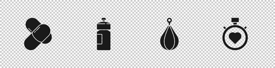 Obraz premium Set Sports nutrition, Fitness shaker, Punching bag and Heart the center stopwatch icon. Vector.