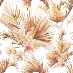 Papier peint Beige Texture de feuilles de palmier avec orchidée. Modèle sans couture avec illustrations florales à l& 39 aquarelle. Décorations florales exotiques sur fond blanc.