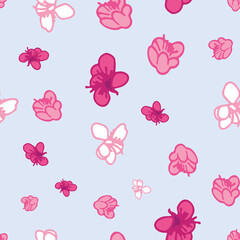 Naklejka premium Vector pastel blue background pink, purple white magnolia flowers, liberty, Seamless pattern background