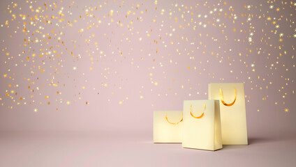 Glowing shopping bags on pink background and gold stars on pink background.