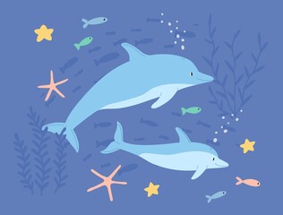Underwater life of two cute dolphins in sea or ocean. Childish marine landscape or seascape with lovable fishes and colorful starfishes. Colored flat cartoon vector illustration of undersea world