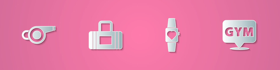 Set paper cut Whistle, Sport bag, Smartwatch and Location gym icon. Paper art style. Vector.
