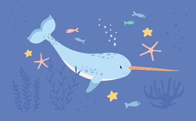 Cute narwhal or unicorn fish in sea or ocean among seaweeds, corals and fishes. Magic fairy underwater animal. Childish colored flat cartoon vector illustration of funny unicornfish in water © Good Studio