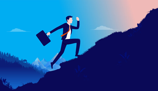 Businessman heading for the top - Ambitious man running up mountain hill to reach the peak. Business aspiration and motivation concept. Vector illustration.
