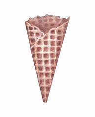 Isolated watercolor drawing of ice cream waffle cone on white background