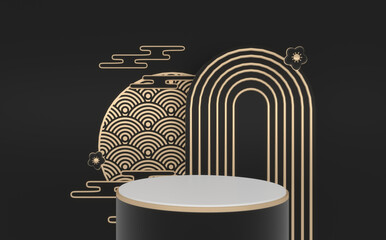 Abstract podium black gold concept and decoration japanese style. 3D rendering