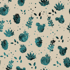 seamless pattern with flowers 
mint cacti on a beige background