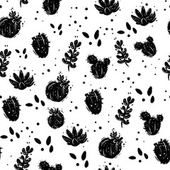seamless pattern of black and white blots black cacti