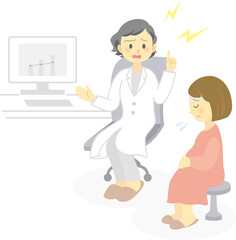 イラスト素材: 診察室でベテラン女性医師から説明を受けるスカートを履いた妊婦　激怒　かみなり　人物　医療

