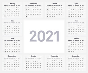 2021 calendar template, editable with space for message. Set of 12 months with space in the center and Sample text. Calendar 2021 layout with space editable for text. 2021 calendar template, editable 