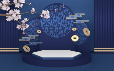 Blue Podium,minimal podium geometric and decoration color japanese tone.3D rendering