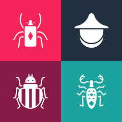 Set pop art Beetle deer, Colorado beetle, Beekeeper hat and bug icon. Vector.
