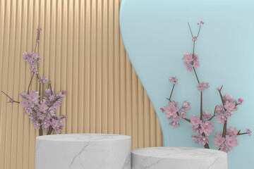 Sakura decoration and white granite podium on cyan background. 3D rendering