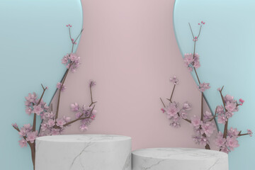 Sakura decoration and podium on pink background. 3D rendering