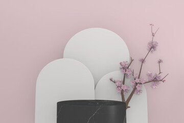 Sakura decoration and black granite podium on pink background. 3D rendering