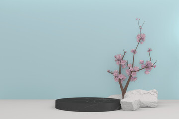 Sakura decoration and black granite podium design on cyan background. 3D rendering