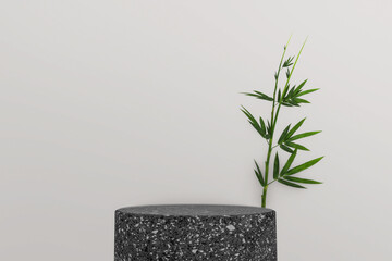 Bamboo leaf decoration and white granite podium on white background. 3D rendering