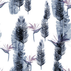 Cobalt Pattern Background. Indigo Tropical Botanical. Gray Floral Textile. Azure Flora Palm. Navy Decoration Textile. White Wallpaper Botanical. Blue Spring Texture.
