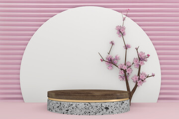 wooden podium on pink background. 3D rendering