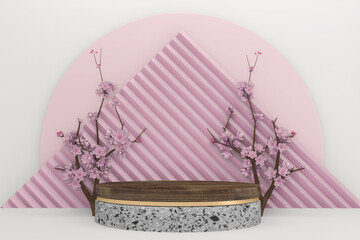 wooden podium on pink background. 3D rendering