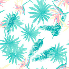 Fototapeta na wymiar Navy Pattern Illustration. Indigo Seamless Palm. Blue Tropical Hibiscus. Cobalt Flower Painting. Azure Floral Nature. Wallpaper Illustration. Decoration Textile.