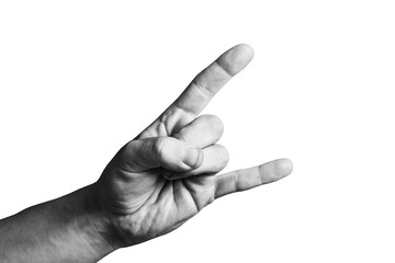 Hardcore hand gesture. Rock and roll music symbol. Hand isolated on white. Black and white...