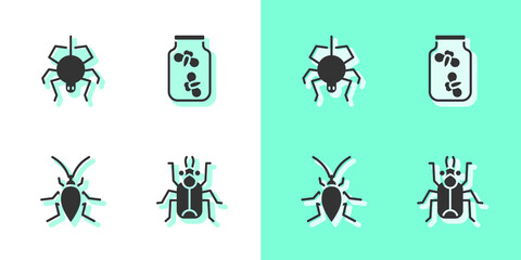 Set Beetle bug, Spider, Cockroach and Fireflies bugs in jar icon. Vector.