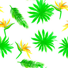 Organic Pattern Exotic. Green Seamless Art. Natural Tropical Vintage. White Isolated Hibiscus. Drawing Hibiscus. Decoration Leaf. Wallpaper Palm.