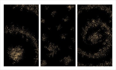 A set of vertical backgrounds, three pieces. On a black background, small splashes, like the night starry sky or like a scattering of gold powder.