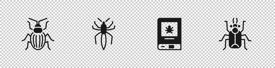 Set Chafer beetle, Spider, Book about insect and Beetle bug icon. Vector.