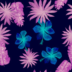 Cobalt Seamless Leaves. Purple Pattern Exotic. Violet Tropical Art. Indigo Flower Illustration. Navy Decoration Exotic. Pink Watercolor Leaves. Banana Leaves.