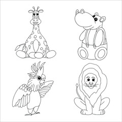 

Animal coloring pages. Vector outline. Coloring book for adult and children. Hippo, parrot, lion, giraffe, africa.
