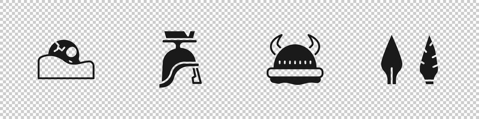 Set Human skull, Roman army helmet, Viking in horned and Stone age arrow head icon. Vector.