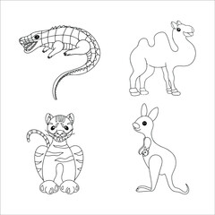 

Animal coloring pages. Vector outline. Coloring book for adult and children. Crocodile, kangaroo, tiger, camel.