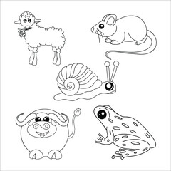 Animal coloring pages. Vector outline. Coloring book for adult and children. Sheep, mouse, buffalo, toad, snail