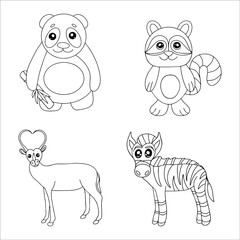 Animal coloring pages. Vector outline. Coloring book for adult and children. Panda, raccoon, antelope, zebra.