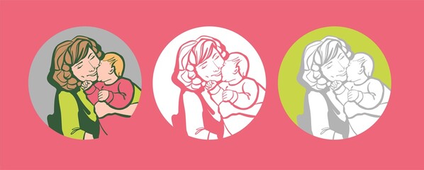 A set of three stylish logos in a circle. A young happy woman embraces a child. Color illustration of the female theme of motherhood and childhood. Vector.