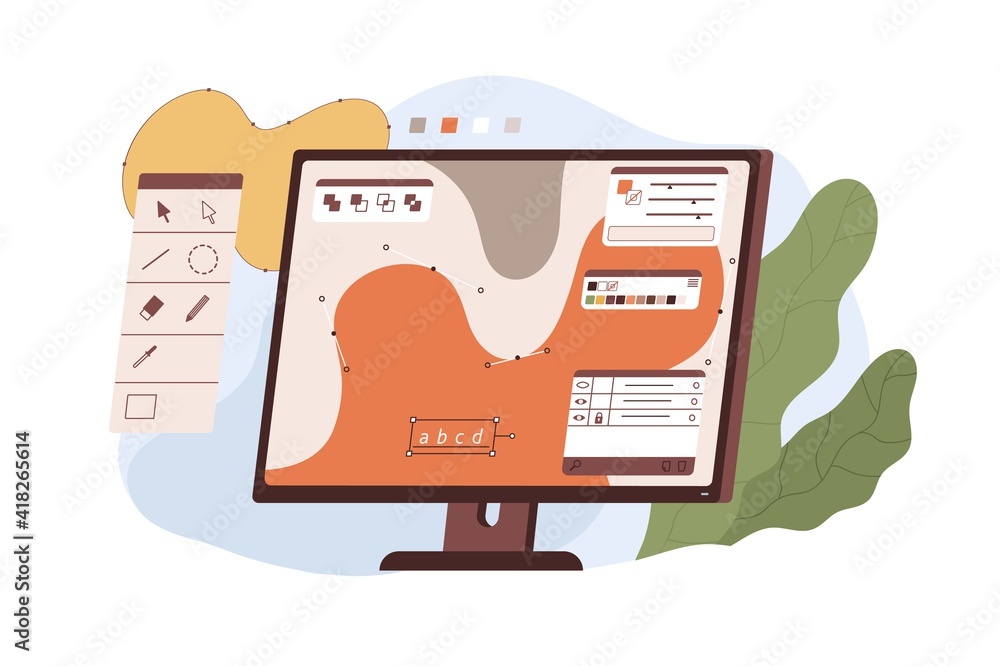 Poster Graphic editor interface on computer screen for digital design and vector illustration. Modern software with tools isolated on white background