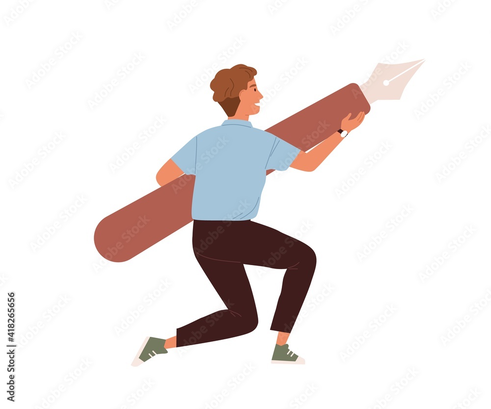 Aufkleber young guy holding giant digital pen tool from graphic editor. creator carrying design instrument for