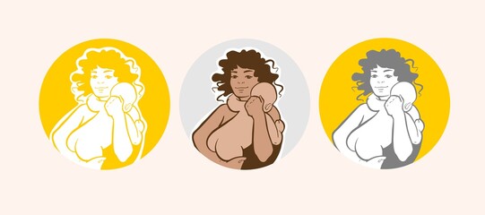 A set of three stylish logos in a circle. A young happy woman embraces a child. Color illustration of the female theme of motherhood and childhood. Vector.