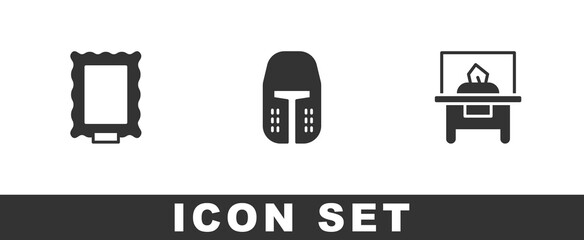 Set Picture, Medieval iron helmet and Glass showcase for exhibit icon. Vector.