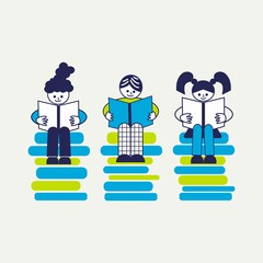 Kids reading books. Flat vector illustration of cute girls and boy sitting on the stack of books.