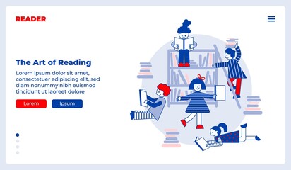 Kids reading books. Flat vector landing page template with illustration of group of cute kids with books and bookshelves on the background.