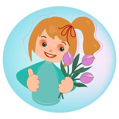 Happy little girl with a bouquet of tulips in a frame. Cute childish emotions. Cartoon character. Vector illustration for greeting cards, social networks.