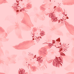 Fototapeta premium Gray Seamless Palm. White Pattern Nature. Coral Tropical Exotic. Pink Flower Botanical. Flora Leaves. Watercolor Texture. Floral Hibiscus. Summer Texture.