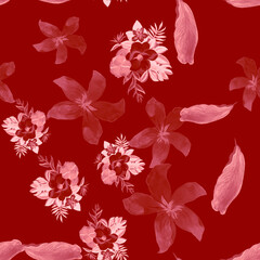 Ruby Seamless Plant. Coral Pattern Foliage. Pink Tropical Botanical. Scarlet Flower Palm. Brown Flora Exotic. Spring Background. Summer Leaves.Floral Texture.