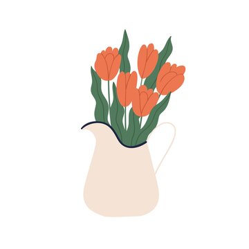 Spring bouquet of blooming red tulips in pitcher. Bunch of gentle flowers with blossomed buds in jug. Colored flat vector illustration isolated on white background