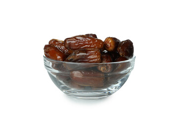 Glass bowl of dates isolated on white background